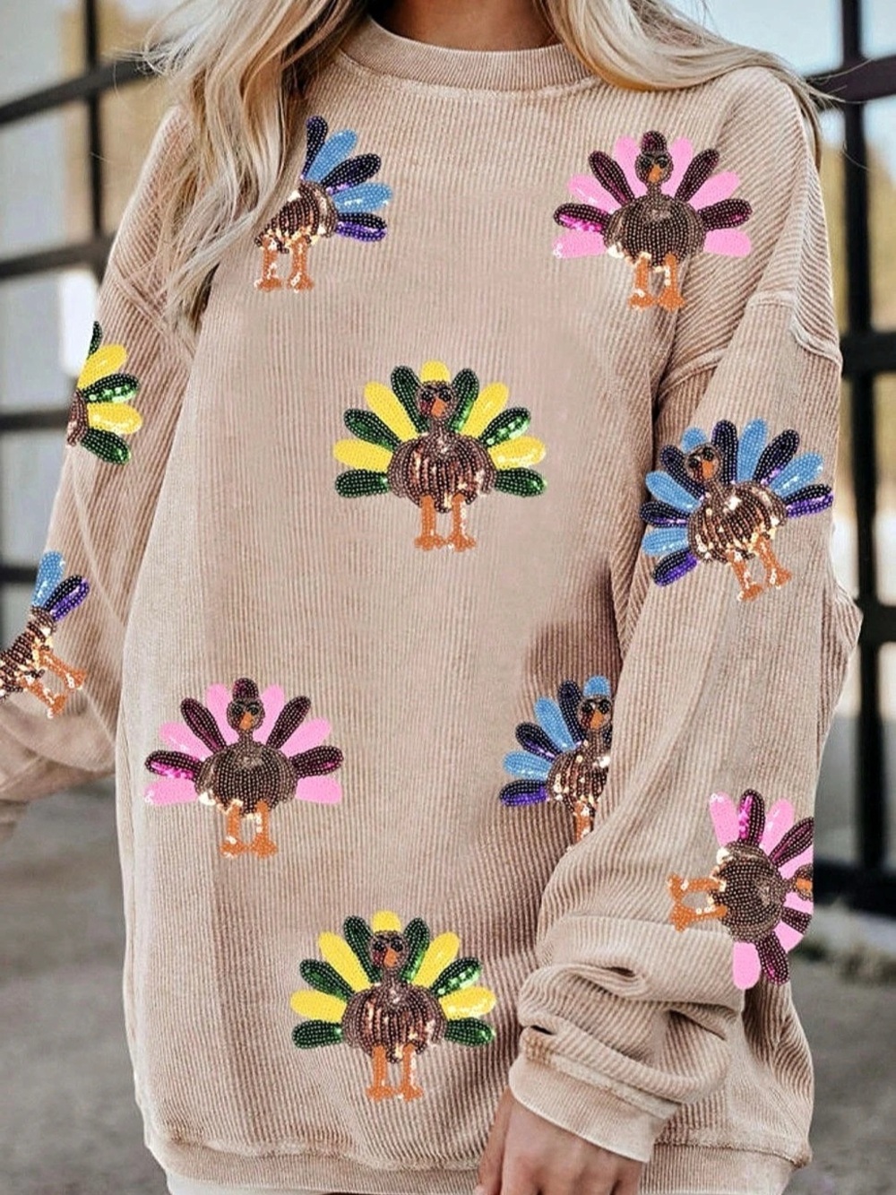 Sequin Turkey Corduroy Sweatshirt Women's Embellished Sweater